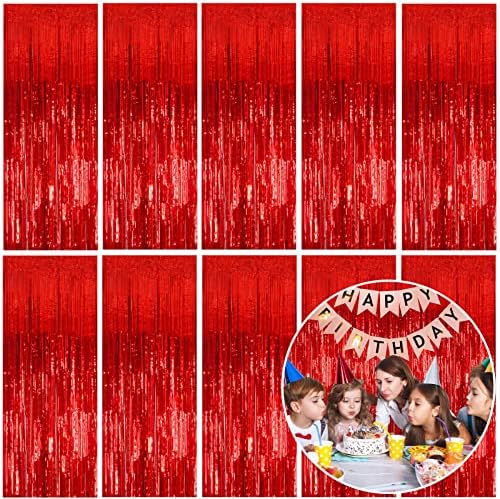 10 Pack Foil Curtain Backdrop Red Metallic Tinsel Foil Fringe Curtains Photo Booth Props for Birthday Wedding Engagement Baby Shower Bachelorette Christmas Holiday Celebration Party Decorations by KEJ