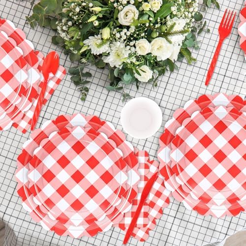 WNINK 176 PCS Red Gingham Plates and Napkins, Red Checkered Disposable Plates Set with Napkins Cups Plastic Spoons Forks Knives for Dinner Birthday Baby Shower Wedding Supplies Serve 25 Guests - Image 7