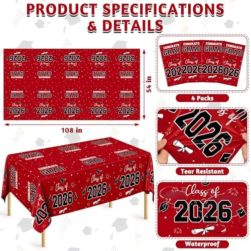 QZYL 4 Pack Graduation Table Cloth, 54" x 108" Red 2026 Graduation Table Decorations, Disposable Grad Party Decorations for College, Rectangle Plastic Tablecover for Class of 2026 Congrats Grad - Image 2