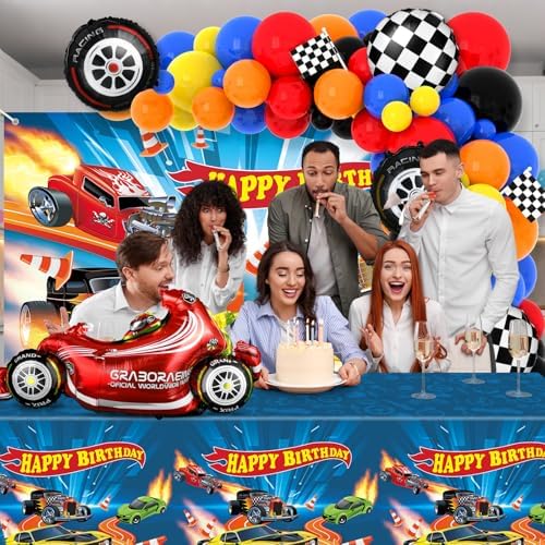 134Pcs Wheels Race Car Birthday Party Supplies Race Cars Balloon Garland Arch Kit Backdrop Tablecloth Monster Truck Wheels Checkered Foil Balloons Racing Signs bDecorations - Image 5
