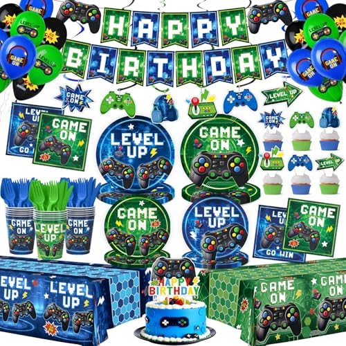 196 Pcs Video Game Party Decorations (Serves 24), gaming party decorations Include Banner Hanging Plates Napkins Cups Forks Knifes Tablecloth Topper Balloons for Boy Party by Kinovo