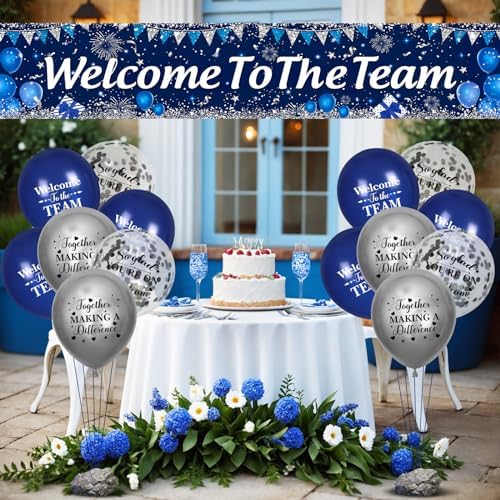 Blue Silver Welcome Team Yard Banner Sign with 18 Pcs Balloons for Office Party Decor - Image 3