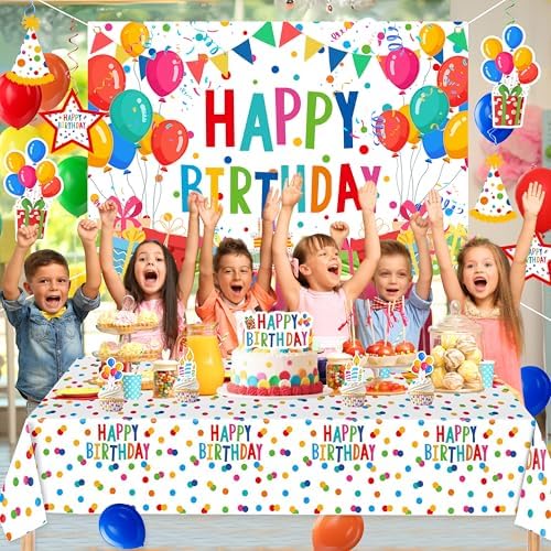 Happy Birthday Decorations For Women Men,Birthday Backdrop,Banner Balloons,Table Cloth,Paper pom poms Party Supplies for Girls Boys (Colorful) - Image 7