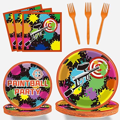 96 Pcs Paintball Birthday Party Supplies Neon Glow Tableware set Paper Plates Napkins Supplies For Paint Ball Gun Shooting Splatter Bomb Buster Splash Rainbow Color Theme Party Favors 24 Guests by Wiooffen