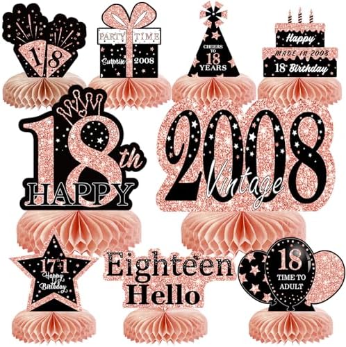 9Pcs Rose Gold Pink 18th Birthday Decorations Honeycomb Centerpieces for Girls,Happy 18th Birthday Centerpieces Tables Toppers Party Decorations Supplies,Vintage 2008 Aged Table Sign Decor by MOORAY