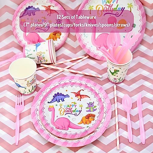 150 pcs Dinosaur Birthday Party Supplies For Girls (Serves 12), Pink Dinosaur Party Decorations, 50 pcs Latex Balloons, 12 sets Tableware, Plates, Tablecloth, Installation Tools - Image 6