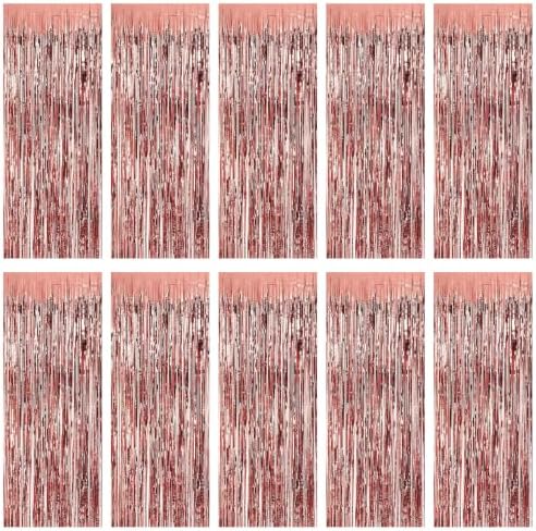 10 Pack Rose Gold Foil Curtain Backdrop 3.2ft x 9.8ft Metallic Tinsel Foil Fringe Curtains Streamer Photo Booth Backdrop for Birthday Party Halloween Christmas New Year Party Supply by Ohiyoo