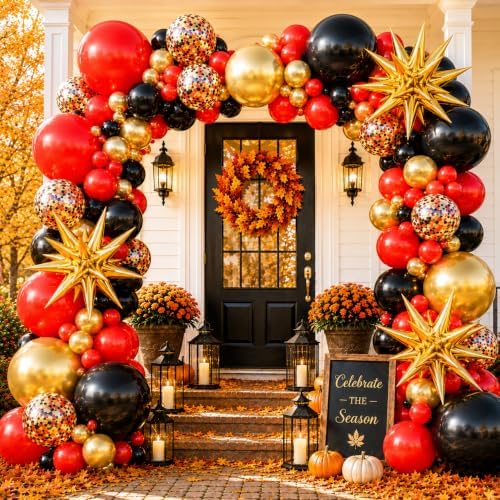 Red Gold Black Balloons Arch Kit Garland with Star Balloons by Unknown