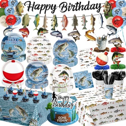 Fishing Birthday Party Decorations - Plates, Napkins, Cups, Cutlery, Honeycomb Centerpieces, Banner, Hanging Swirls, Tablecloths, Toppers, Balloons for Ofishally One Birthday Decorations, Serves 24 by QIYANPAX