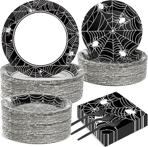 50 Guests Halloween Spider Web Plates and Napkins Party Supplies Spiderweb Party Decorations Disposable Tableware Black and White Halloween Dinnerware Favor for Get Together Celebration, 200PCS by Qyeahkj