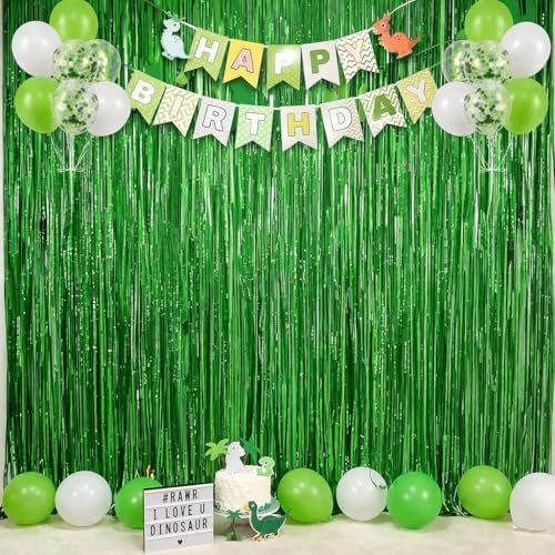 Green Tinsel Backdrop Curtains - 2 Pack Foil Fringe Streamers Photo Backdrop for 2027 World Soccer Cup Party Decorations | Soccer Football Theme Birthday Dinosaur Animal Party Wall Decor by OHOME