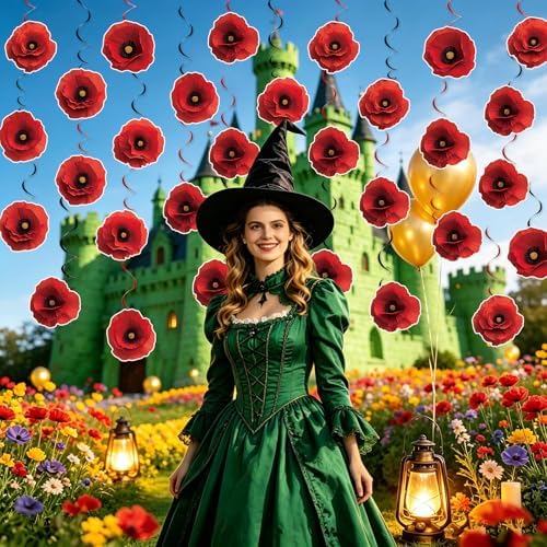 60Pcs Artificial Red Poppy Flowers Hanging Swirls Decorations Halloween Poppies Fake Flowers Ceiling Hanging Streamers Floral Birthday Party Ornaments for Witch Birthday Shower Party Favor Supplies - Image 6