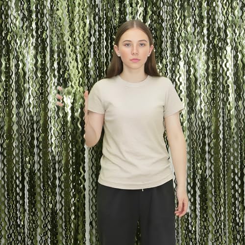 4 Pack Wavy Olive Green Streamers Backdrop Jungle Party Decorations - 3.3x6.6ft Foil Fringe Curtains Photo Booth for Dinosaur Animal St Patrick's Day Football Decor - Image 4