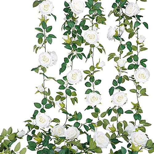 TELDRASSIL 4Pcs(26 FT) Artificial Rose Vine Fake Flower Garland Fake Silk Rose Hanging Vine for Wedding Party Background Arch Garden Background Decoration (White) - Image 4