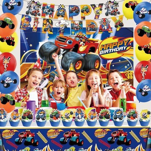 121 Pcs Monster Truck Birthday Party Supplies,Included Banner,Backdrop,Tablecloth,Plates,Balloon,Racing Car Tableware Set for Boy Truck Party Decorations - Image 5