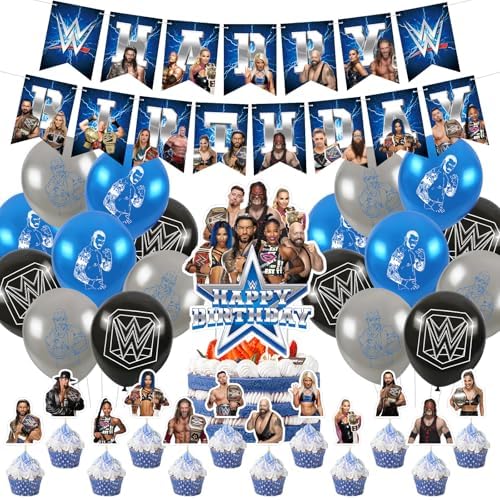 Wrestling Birthday Decorations, Wrestling Party Supply include Happy Birthday Banner, Cake Topper, Cupcake Toppers, Balloons for Kids Adults Party Decorations (Blue) by Unknown