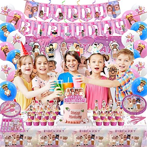 Birthday Party Supplies - Theme Children's Party Decorations Included Happy Birthday Banner, Backdrop, Hanging Swirls, Tablecloth, Cupcake Cake Toppers, Plates, Tableware, Napkins, Balloons - Image 4