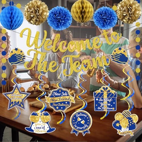 Welcome To The Team Banner Gold, Welcome Banner Circle Dots Garland Hanging Swirls Paper Flowers Honeycomb Balls, Welcome Decorations for Employee Office Teacher Colleague Staff - Image 4