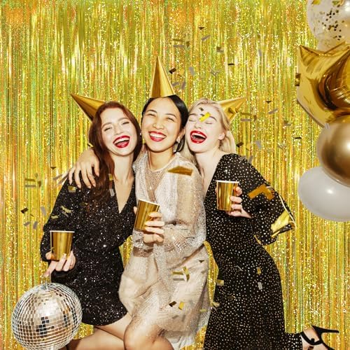 GOER 3.2 ft x 8.2 ft Metallic Tinsel Foil Fringe Curtains Party Photo Backdrop Party Streamers for Birthday,Graduation,New Year Eve Decorations Wedding Decor (1 Pack,Laser Gold) - Image 3