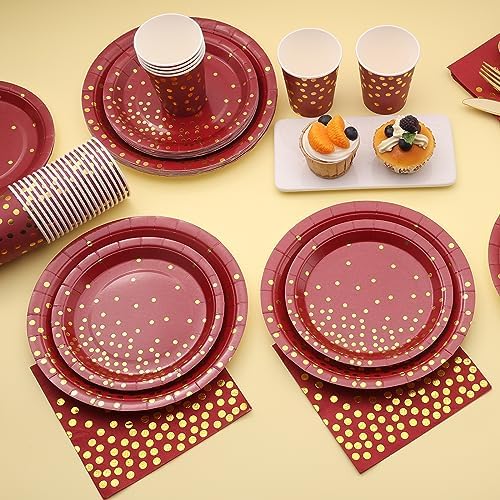 175 PCS Burgundy and Gold Party Supplies - Burgundy Plates and Napkins Sets Serve 25 Guests - Maroon and Gold Paper Plates for Birthday Wedding Graduation Holiday Party Decorations - Image 6