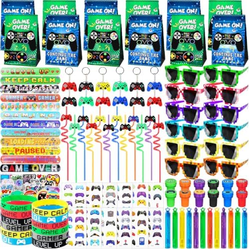 296Pcs Video Game Party Favors for 12 Kids, Including Goodie Bags, Glasses, Straws, Bracelets, Keychains, Stamps, Stickers, Tattoos & More-Perfect for Theme Birthday Party Decorations & Piñata Fillers by We1stdsee