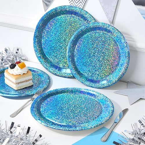 Light Blue Iridescent Party Plates & Napkins, 75 Pcs Decoration Tableware - Image 7