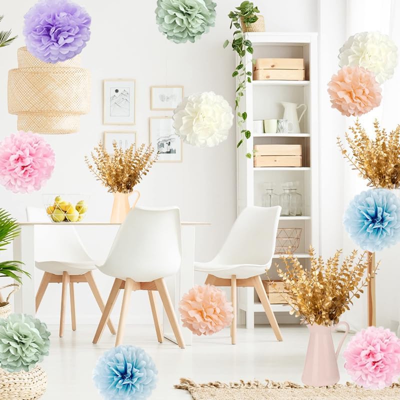 Pastel Rainbow Party Decorations in Colorful Tissue Paper Pom Poms Blush Pink Purple Peach Mint Light Blue Baby Bridal Shower Decorations (Macaron) - Image 3