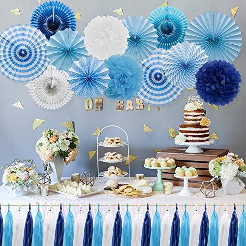 34 Pcs Blue Party Decorations, Paper Fans Pom Poms Tassel Garland 8-16 in - Image 3