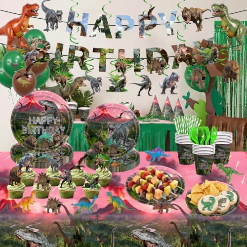 Dinosaur Party Decorations Plates Napkins Dino World Birthday Supplies Tableware Set Include Plates, Napkins, Cups, Forks, Straws, Balloon, Banner, Cake topper, Tablecloth for Serve 20 - Image 2