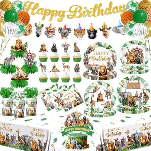 Safari Themed Party Decorations Tableware,198pcs Jungle Plates and Napkins for Party,animal Birthday Party Tablecloth Cups Cake Toppers Balloons for Zoo Party Decorations by Unknown