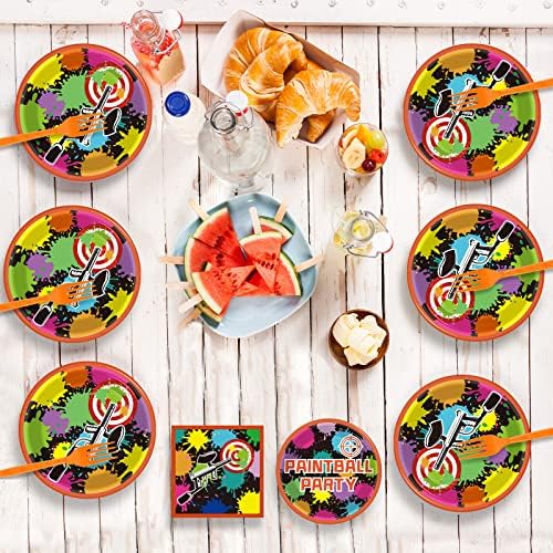 96 Pcs Paintball Birthday Party Supplies Neon Glow Tableware set Paper Plates Napkins Supplies For Paint Ball Gun Shooting Splatter Bomb Buster Splash Rainbow Color Theme Party Favors 24 Guests - Image 5
