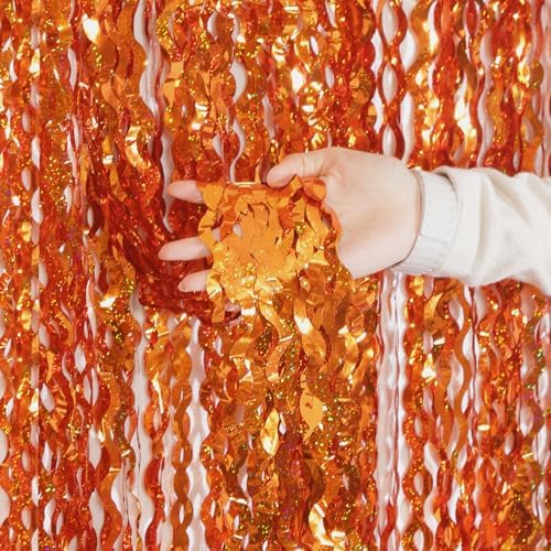 4 Pack Orange Wavy Metallic Tinsel Foil Fringe Curtains | 3.3 ft x 6.6 ft Party Streamer Backdrop Photo Booth for Orange Basketball Party Decorations Holloween Christmas by KEEUH