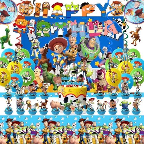 48PCS Toy Story Birthday Party Supplies Set, Including Happy Birthday Banner, Backdrop, Swirl Decorations, Balloons, Cake Topper, Cupcake Toppers, Tablecloth by Tihufe