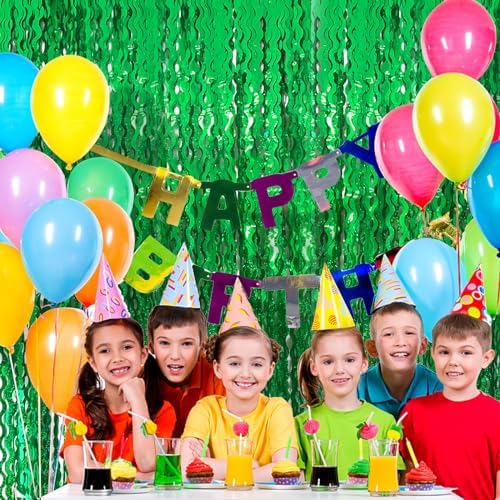2 Pack Green Tinsel Foil Curtain Wavy Backdrop Birthday Party Decorations - Image 4