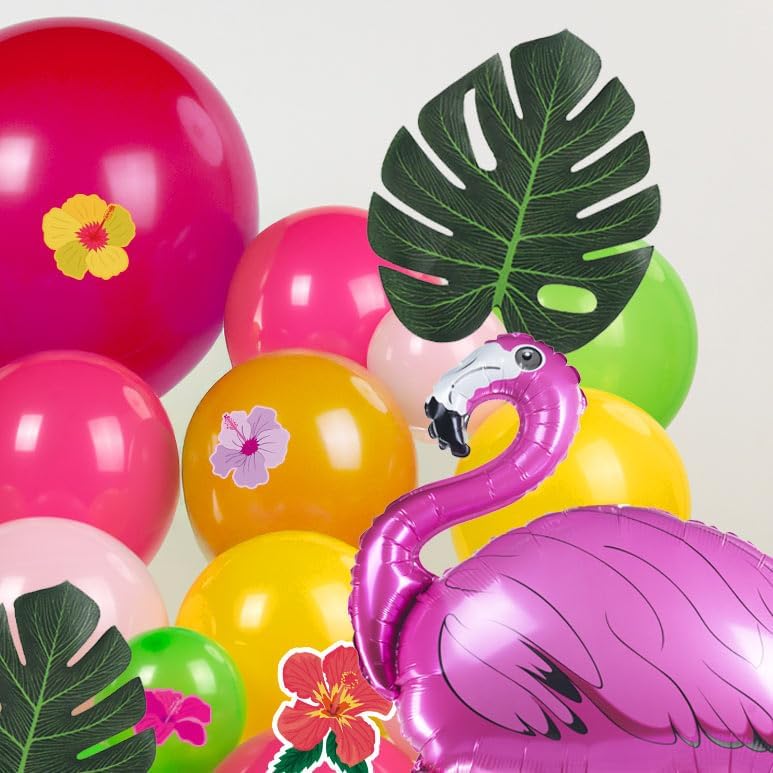 Summer Tropical Balloon Arch Kit Hot pink yellow orange Balloon Luau Flower Card Sticker palm leaves Hawaiian leis For Baby Shower Flamingo Pool Parties Tiki Aloha Birthday Party Decorations - Image 6