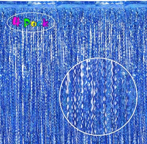 4 Pack 3.3 ft x 6.6 Wavy Sparkle Dark Blue Foil Fringe Backdrop Curtain - Navy Blue Streamer Backdrop Tinsel Curtains for Door Streamers Ocean Birthday Party Decorations Disco Party - Image 2