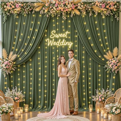 30 x 10ft Olive Green Backdrop Curtains with Lights String - Image 2