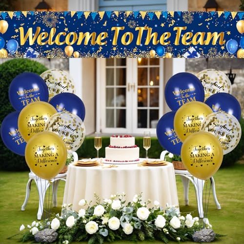 Blue Gold Welcome Team Banner Sign with 18 Balloons for Office Party Decor - Image 3