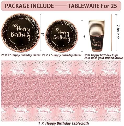 UJoyant Birthday Decorations For Women, 229 Pcs Rose Gold and Black Happy Birthday Supplies - Disposable Dinnerware Set with 25 Guest, Balloons, Sash, Tiara, Banner, Fringe Curtain, Photo Booth Props - Image 3