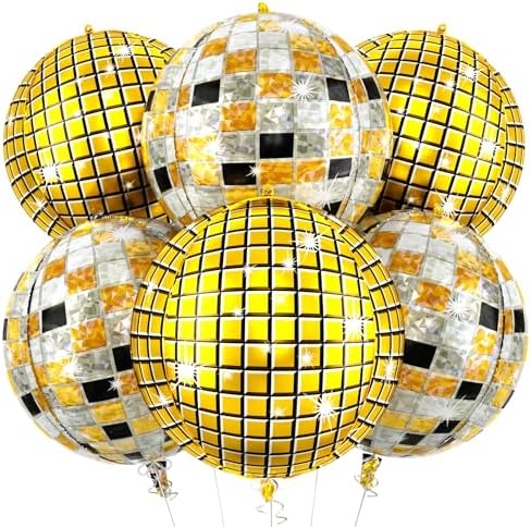 6pcs 22 Inch Multicolor Disco Ball Balloons, Gold Big Disco Balloons, Black Silver Gold 4d Large Foil Aluminum Balloon For Birthday Baby Shower 70s 80s 90s Theme Party Wedding Engagement Graduation by Paready
