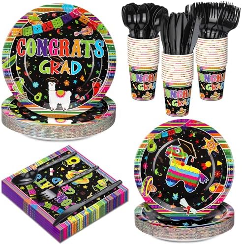 Yungyan 252 Pcs Mexican Graduation Fiesta Party Tableware Set Mexican Graduate Plates Napkins Cups Forks Knives Spoons for Mexico Graduate Party Decorations Supplies 36 Guests by Yungyan