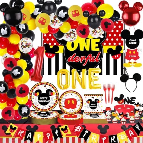 185 Pcs Red 1st Birthday Party Decorations, Boys Onederful Balloons Arch Garland Kit, Red Cartoon Boys Onederful Backdrop, TableCloth, Tableware for Boy First Birtdhay Party Supplies by Letromp