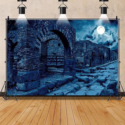 Renaiss 7x5ft Halloween Backdrop Ancient Ruins Stone Town Dark Night Full Moon Horror Photography Background Vintage Punk Gothic Medieval Buildings Photo Video Studio Props Party Supplies Decor Vinyl - Image 2