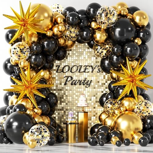 137Pcs Black and Gold Balloons Garland Arch Kit with Stars - 5 10 12 18 inch Black Gold Confetti Latex Party Balloons for 2026 New Year Graduation Retirement Decorations Birthday by LOOLEY