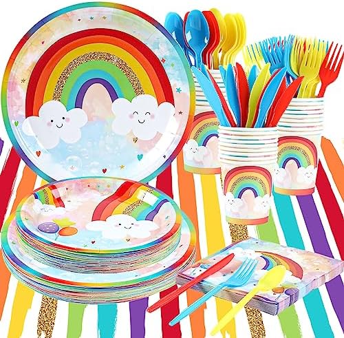 Rainbow Party Supplies, Happy Birthday Decorations for Girls & Boys -169pcs Rainbow Party Tableware Set Include 9" and 7" Party Plates and Napkins Cups Utensils with Tablecloth for 24 Guests by HappyThousandsToysParty