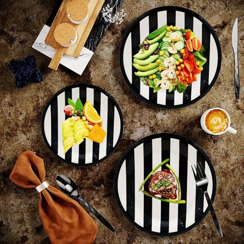 Serve25 175Pcs Black & White Striped Party Supplies - 9" & 7" Striped Paper Plates, Napkins, Cups, Cutlery for Black & White Birthday Party Decorations - Image 4