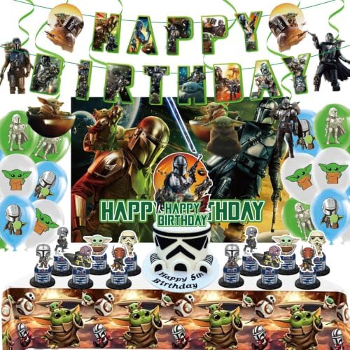 40Pcs Grogu Birthday Decorations Set, Includes Cake Topper, Cupcake Toppers, Balloons, Happy Birthday Banner, Hanging Swirls, Backdrop and Table Cloth for Yoda Party Decorations. by Unknown