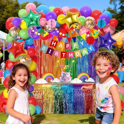 102Pcs Rainbow Birthday Decorations, Colorful Birthday Party Decorations for Girls and Boys, Rainbow Party Decorations Pack with Happy Birthday Banner, Balloons, Fringe Curtain, Hanging Swirls - Image 7