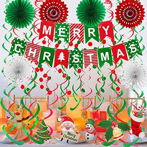 FECEDY Merry Christmas Banner Paper Fan Flower Circle Confetti Dots Hanging Garlandand Swirl Streamers Christmas Tree Christmas Snowman God Tang for Christmas Party Decoration - Image 4