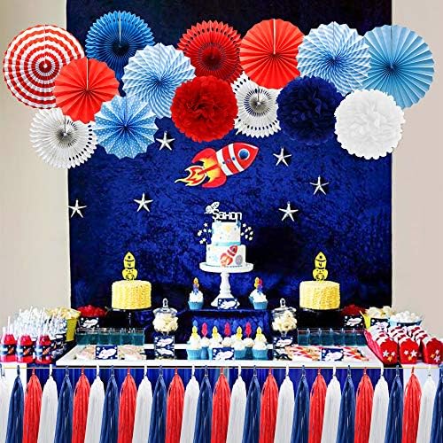 Navy Blue Red White Party Decorations Hanging Paper Fans Pom Poms Flowers Tissue Tassel Garland for 4th of July Day Patriotic Decoration Graduation Birthday Supplies - Image 3